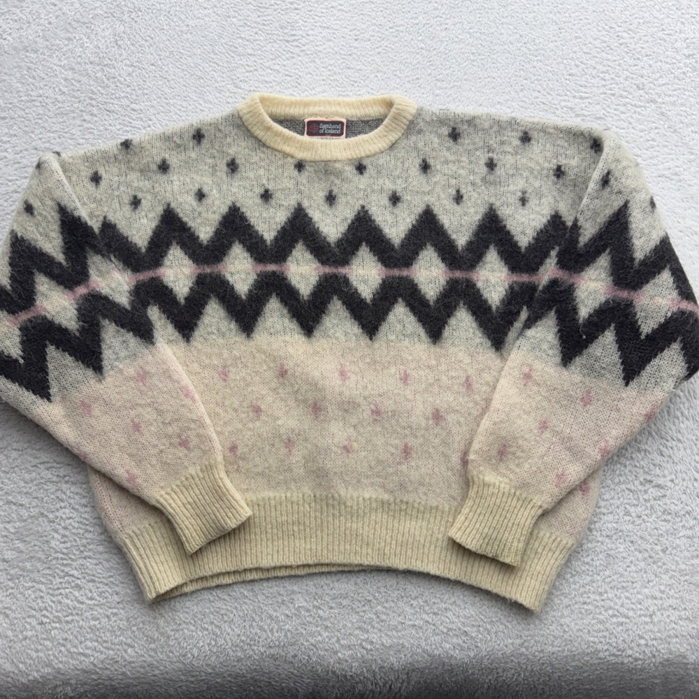 Samband of Iceland Vintage 100% Pure New Wool Fair Isle Sweater XL Cream Grey